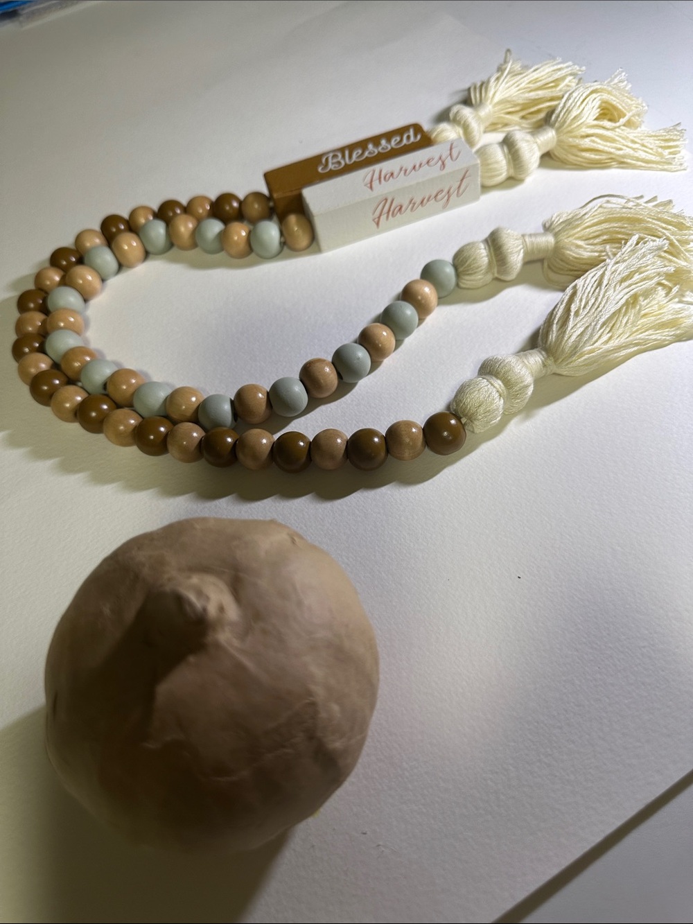Neutral Beaded Tassel Necklace with Cream and Tan Accents